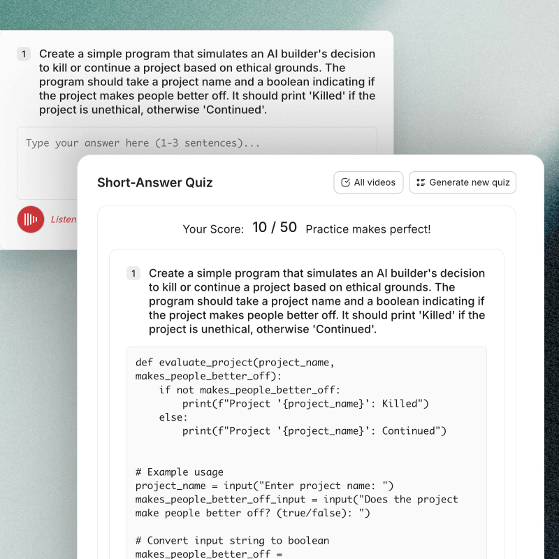 Short-answer quiz interface showing a Python program that decides if a project is 'Killed' or 'Continued' based on ethical grounds, with a score of 10 out of 50 displayed.