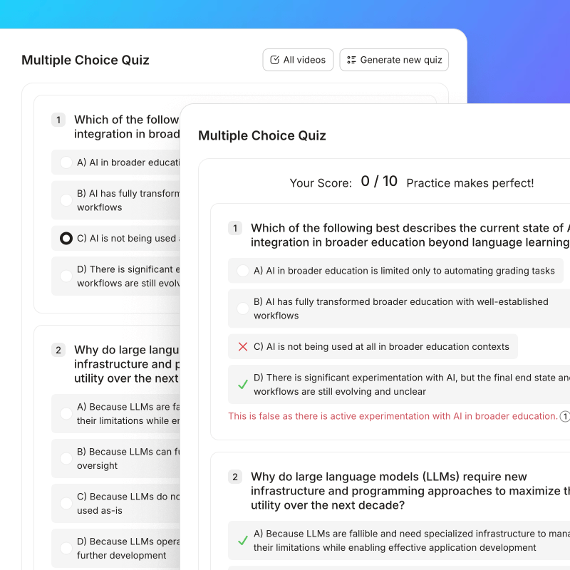 Multiple choice quiz interface showing two questions about AI in education and language models with selected answers, score 0/10, and feedback on the first question.